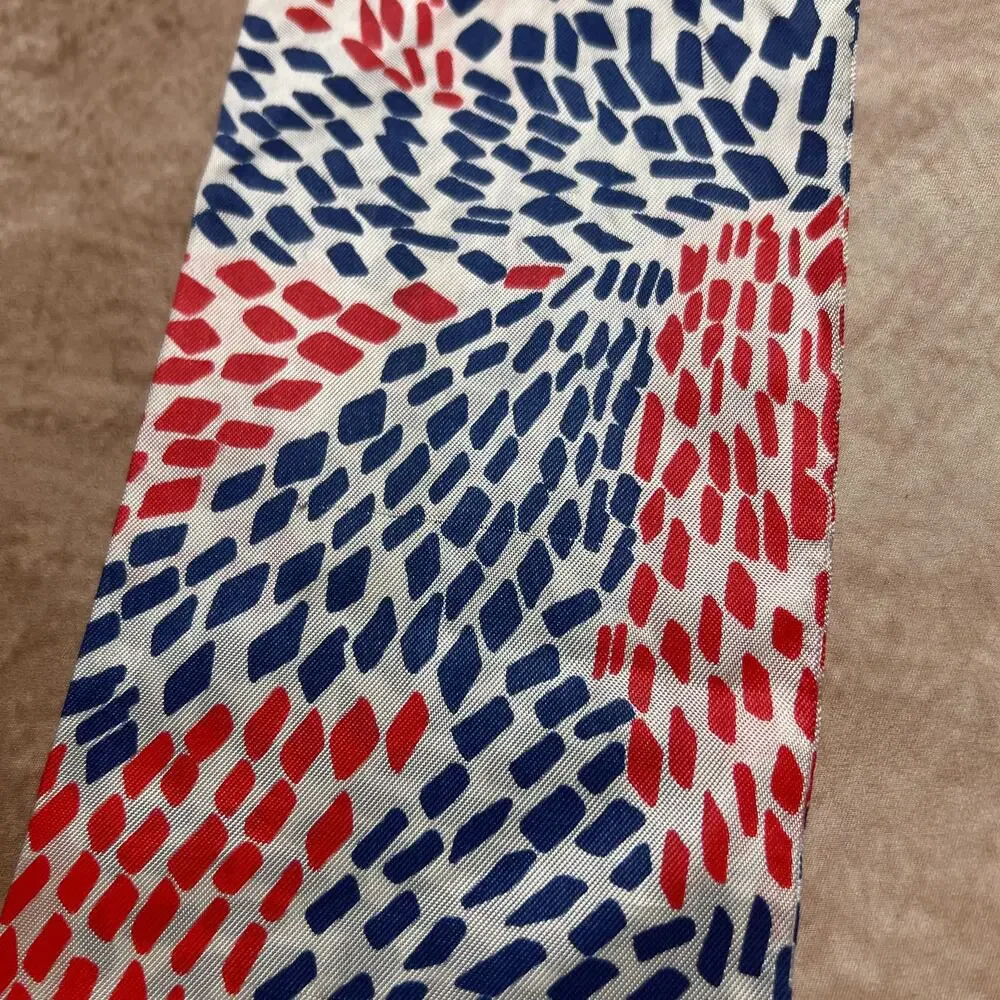 Vintage 70s Geometric Ascot Scarf Red Blue Tie Satin Retro CostumeDisco Hippie